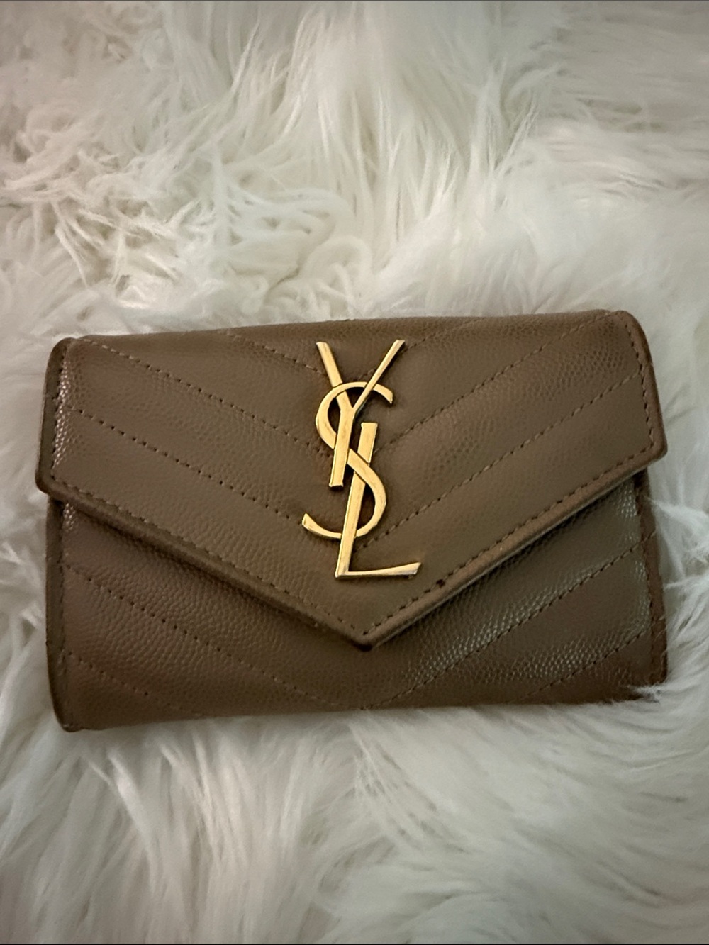 Saint Laurent Taupe Quilted YSL Envelope Wallet with Gold Hardware